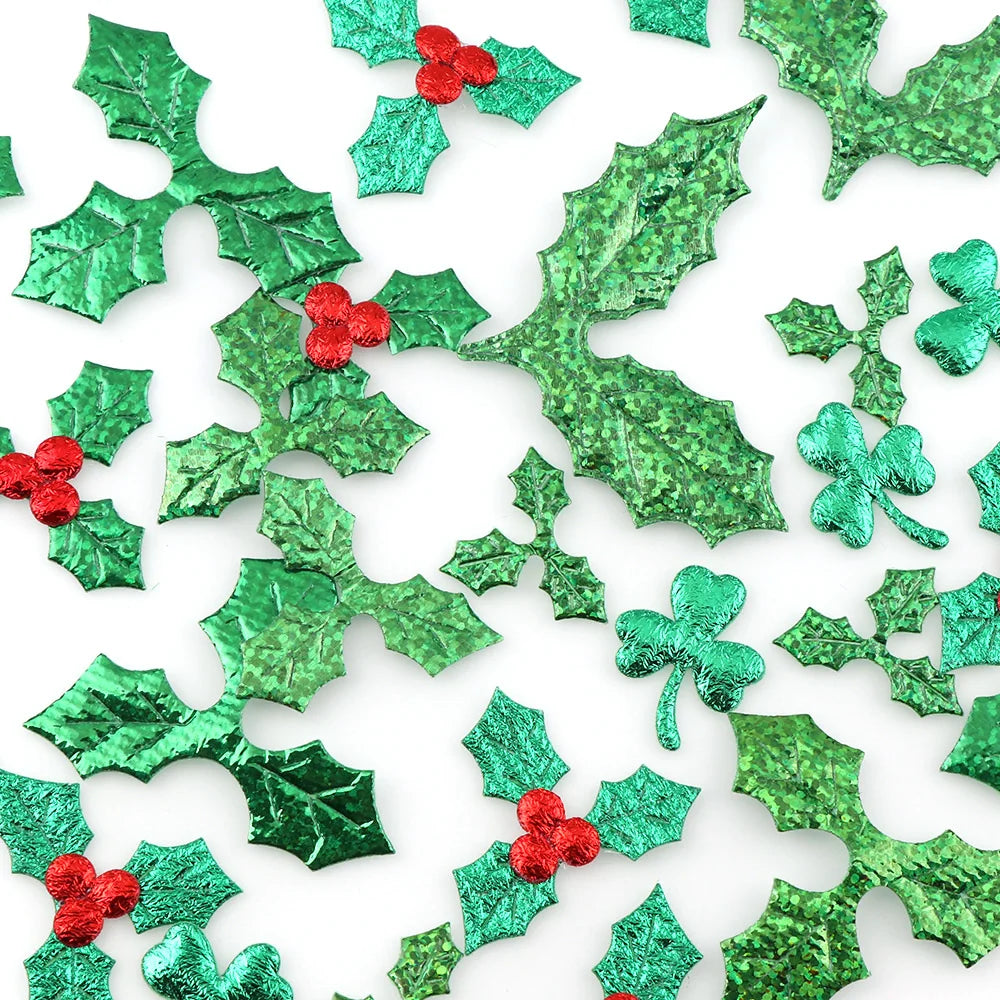 100 Pcs Fabric Laser Shiny Sequins Red Fruit With Green Leaves Christmas Tree Decoration Supplies DIY Art Fabric Accessory