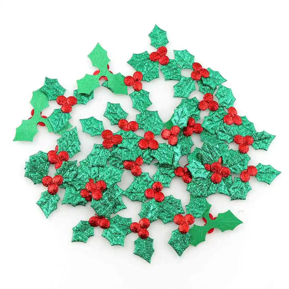 100 Pcs Fabric Laser Shiny Sequins Red Fruit With Green Leaves Christmas Tree Decoration Supplies DIY Art Fabric Accessory