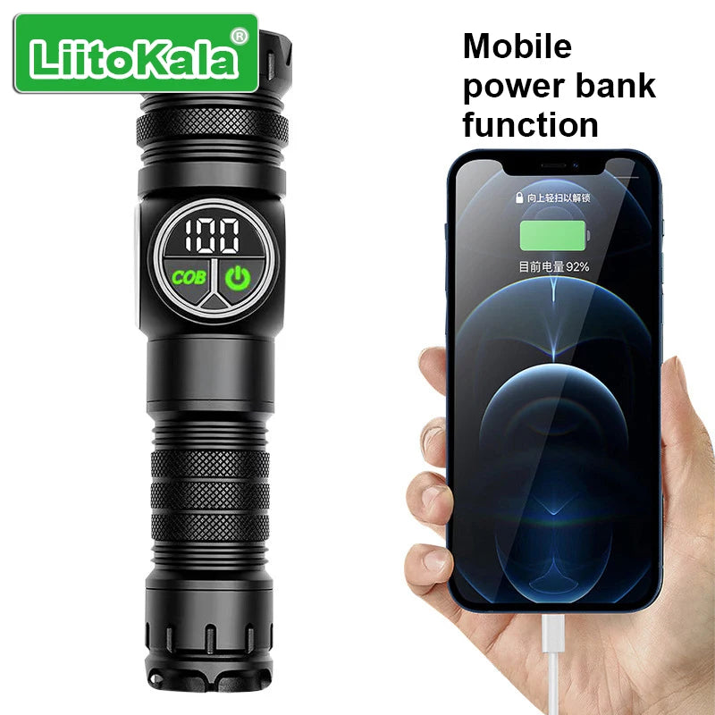 LiitoKala Digital Display Flashlight with COB Side Light Compatible with 18650/26650 Batteries Handheld Tactical LED Lamp