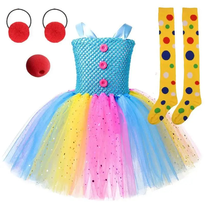 Sparkly Circus Clown Costumes for Girls Halloween Christmas Tutu Dress for Kids Joker Fancy Outfit Twinkle Circus Show Clothes