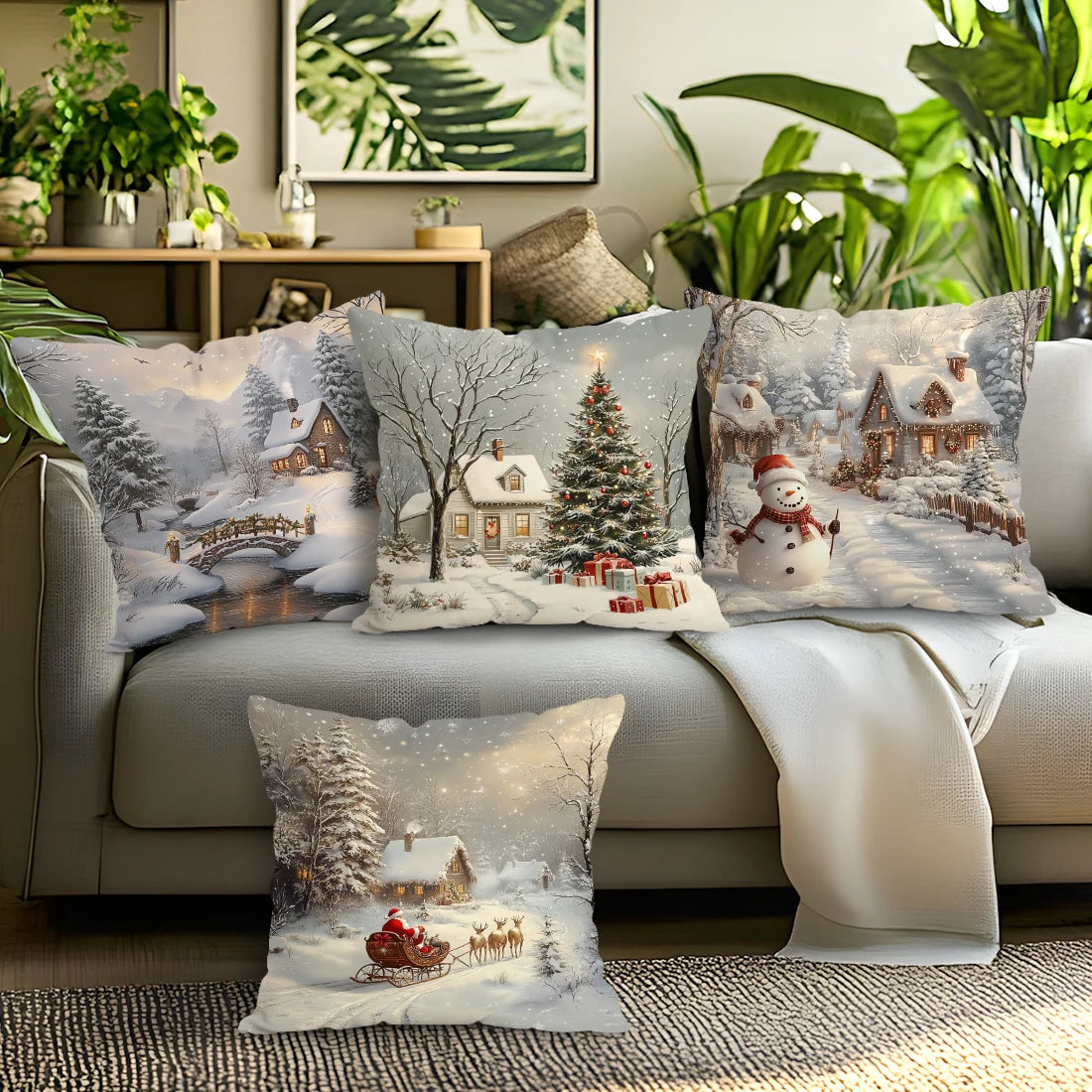 Christmas Winter Village Decorative Pillowcase 18X18 Inch Pillow Covers Throw Pillows Cushion Cases for Home Car Sofa 1pcs/4pcs