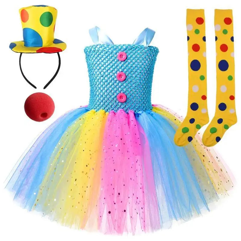 Sparkly Circus Clown Costumes for Girls Halloween Christmas Tutu Dress for Kids Joker Fancy Outfit Twinkle Circus Show Clothes