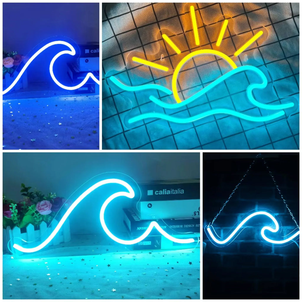 Wave Neon Sign Dimmable Sun Sea Wave LED Neon Light for Wall Decor USB Ocean Surf for Bedroom Bar Cafe Birthday Party Christmas