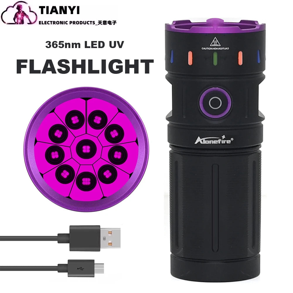 200W high-power 365nm ultraviolet flashlight, high-power black light LED aluminum alloy USB charging ultraviolet lamp