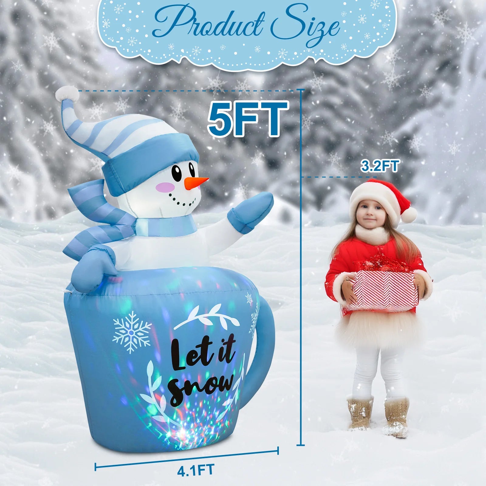 OurWarm 5FT Christmas Inflatable Snowman in Mug,Adorable Blue Snowman Blow Up Awaiting the Snow,for Yard Lawn Winter Inflatables