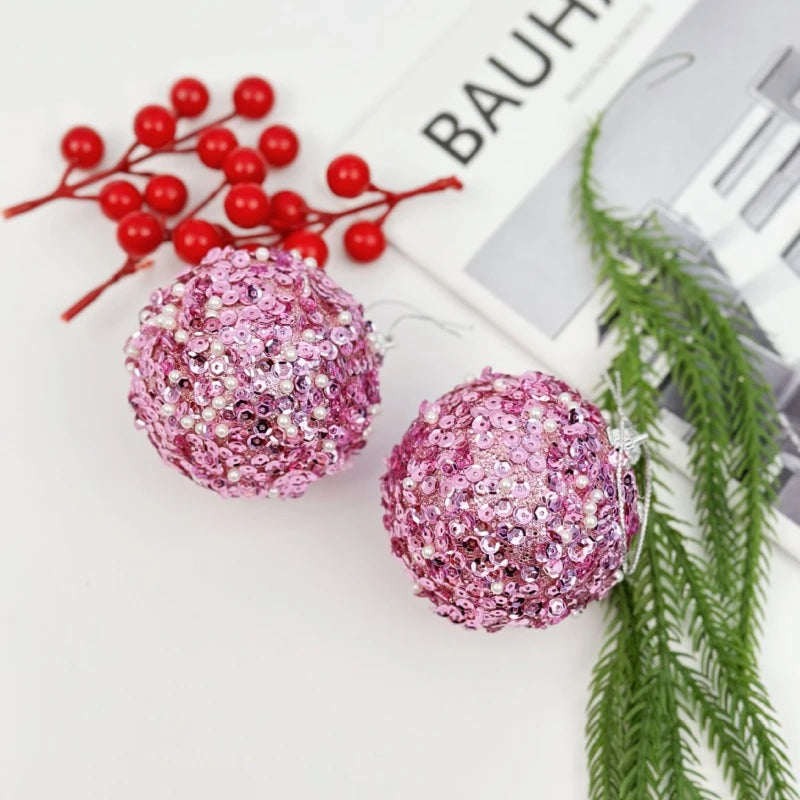 8CM Pink Christmas Balls Glitter Xmas Decorative Hanging Ornaments New Year Party Christmas Spheres Pendant Set