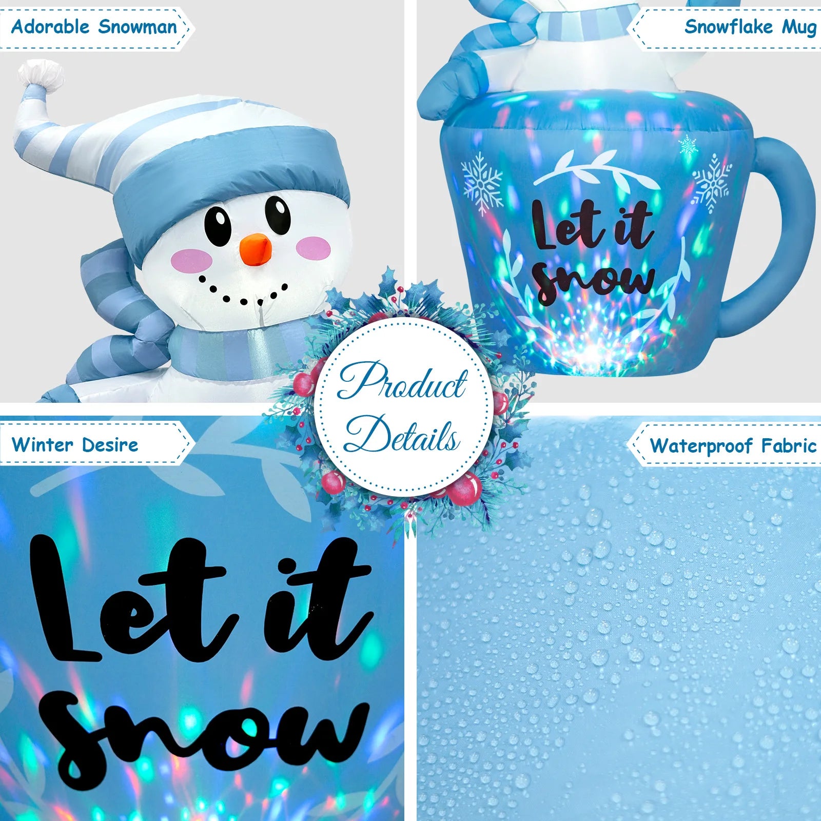 OurWarm 5FT Christmas Inflatable Snowman in Mug,Adorable Blue Snowman Blow Up Awaiting the Snow,for Yard Lawn Winter Inflatables