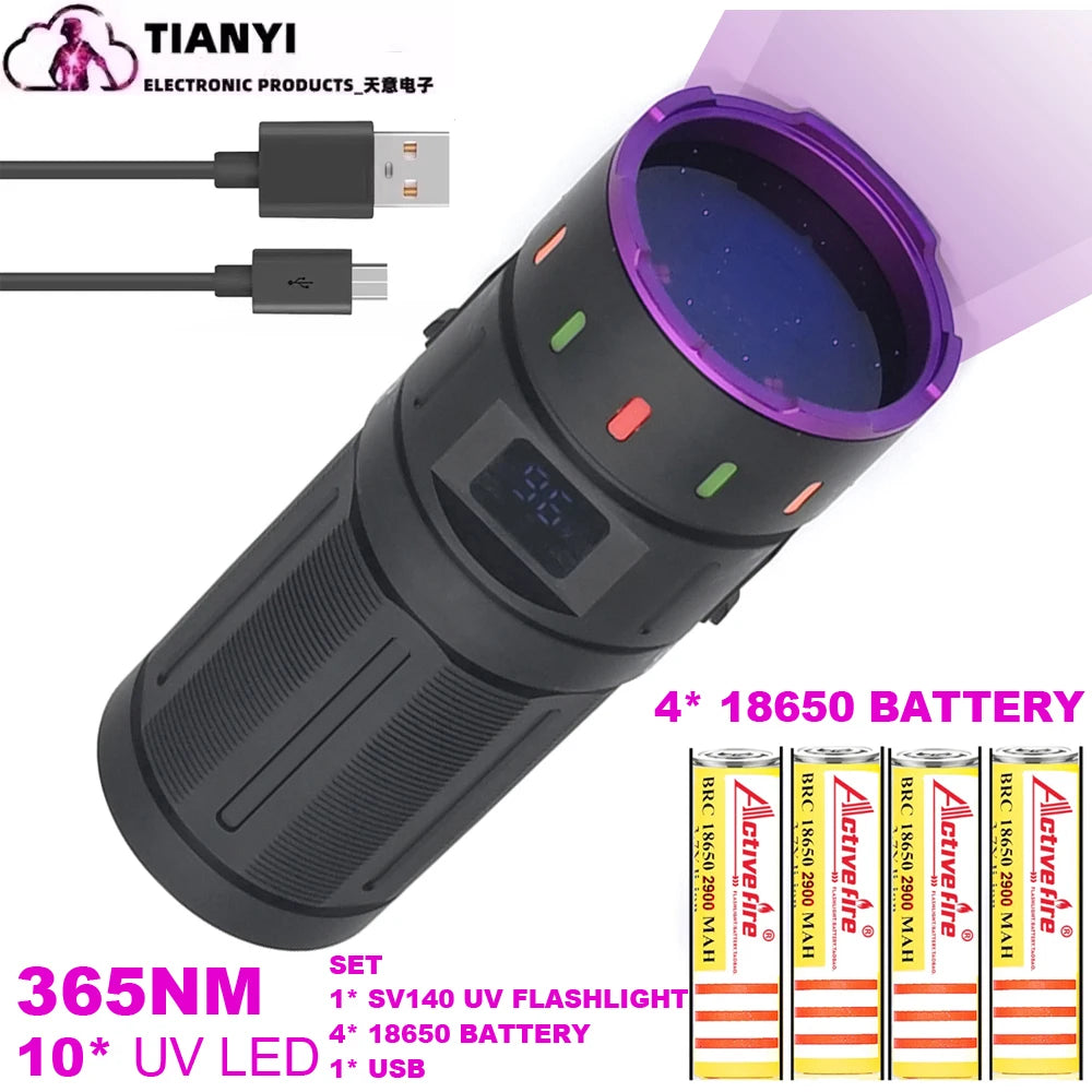 200W high-power 365nm ultraviolet flashlight, high-power black light LED aluminum alloy USB charging ultraviolet lamp