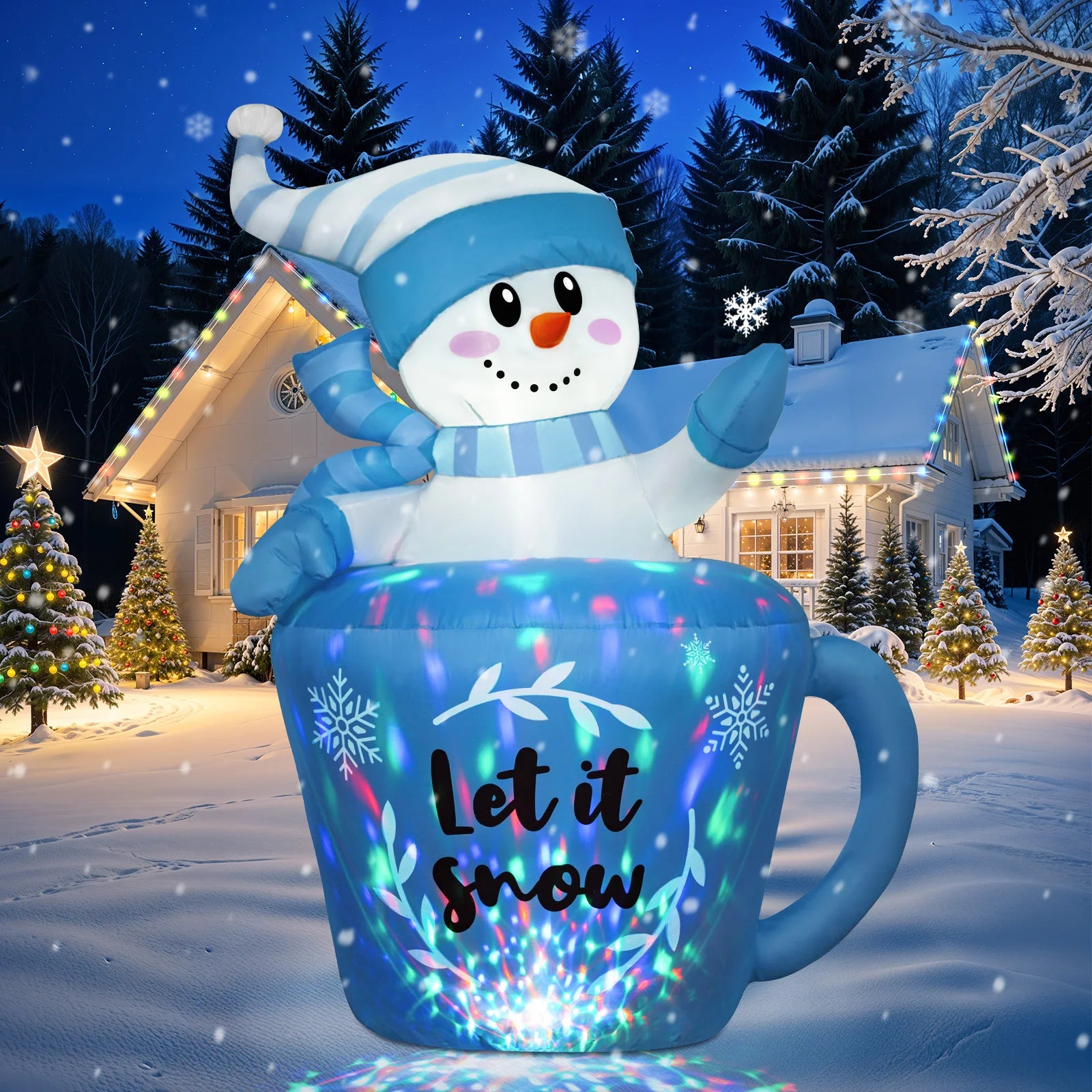 OurWarm 5FT Christmas Inflatable Snowman in Mug,Adorable Blue Snowman Blow Up Awaiting the Snow,for Yard Lawn Winter Inflatables