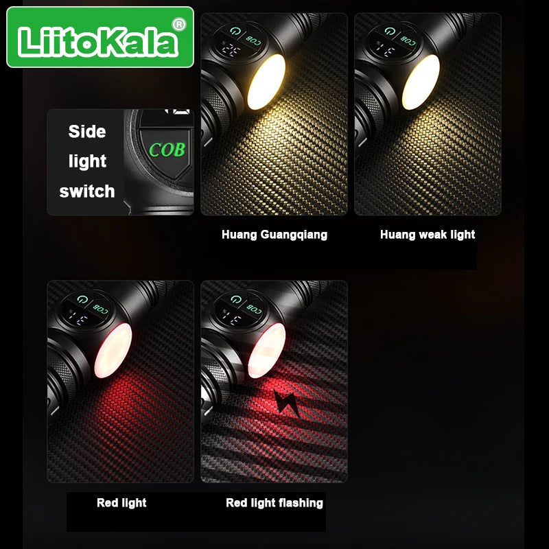 LiitoKala Digital Display Flashlight with COB Side Light Compatible with 18650/26650 Batteries Handheld Tactical LED Lamp