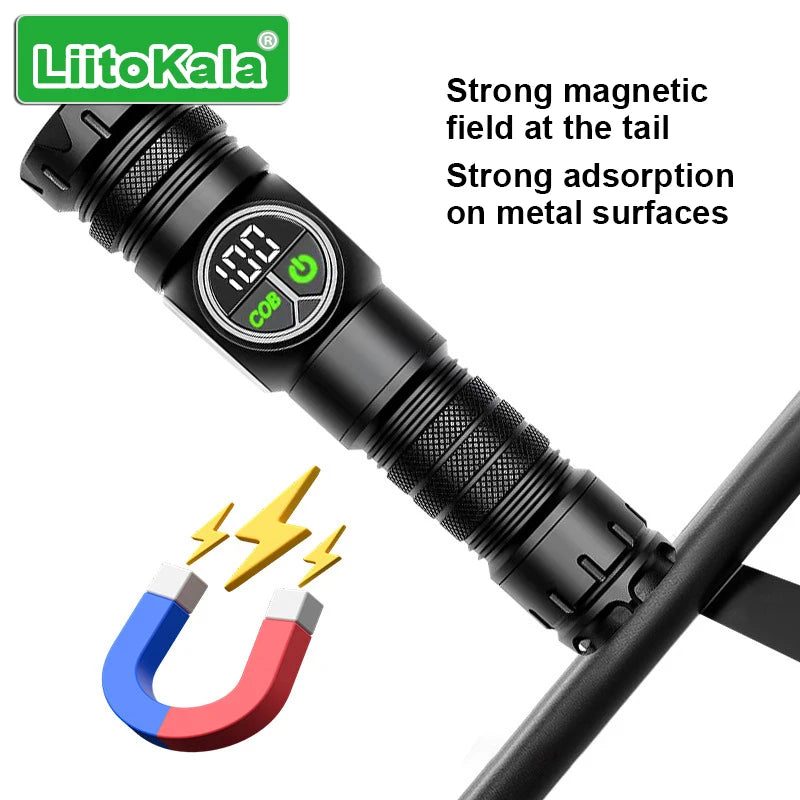 LiitoKala Digital Display Flashlight with COB Side Light Compatible with 18650/26650 Batteries Handheld Tactical LED Lamp