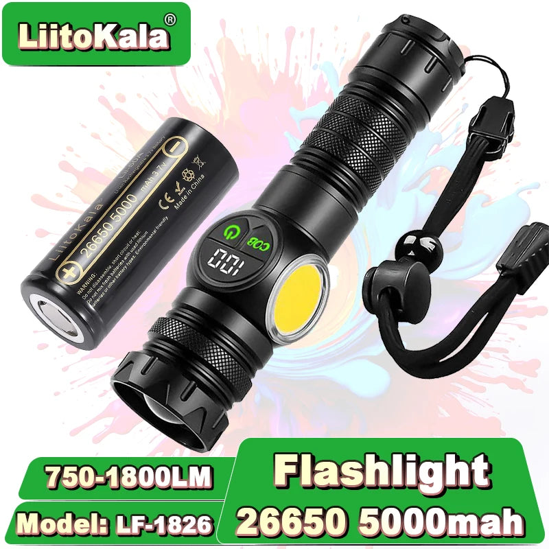 LiitoKala Digital Display Flashlight with COB Side Light Compatible with 18650/26650 Batteries Handheld Tactical LED Lamp