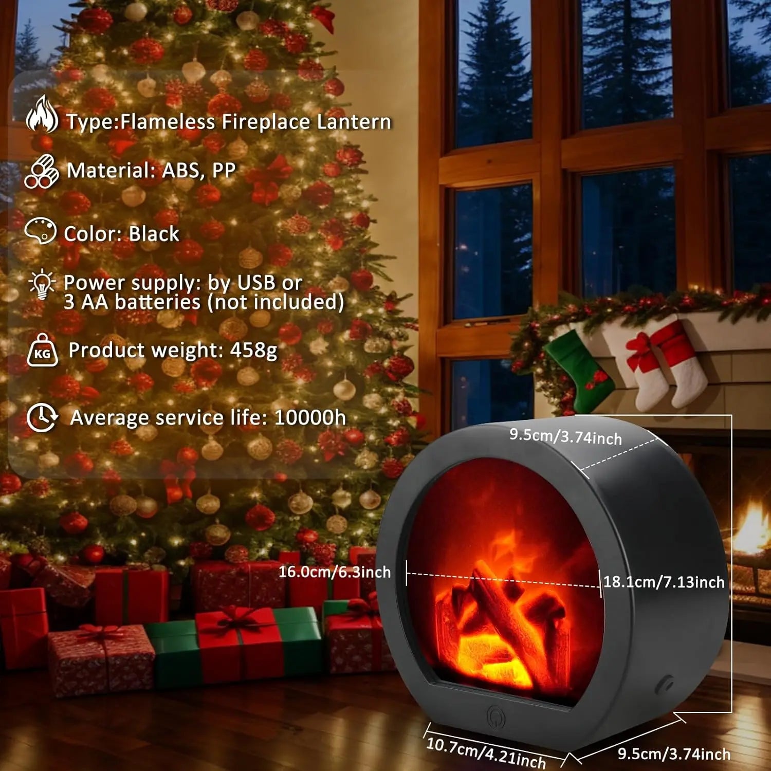 LED Fireplace Lamp Realistic Flame Battery USB Powered Vintage Style for Indoor Room Terrace Christmas Halloween Tabletop Decor