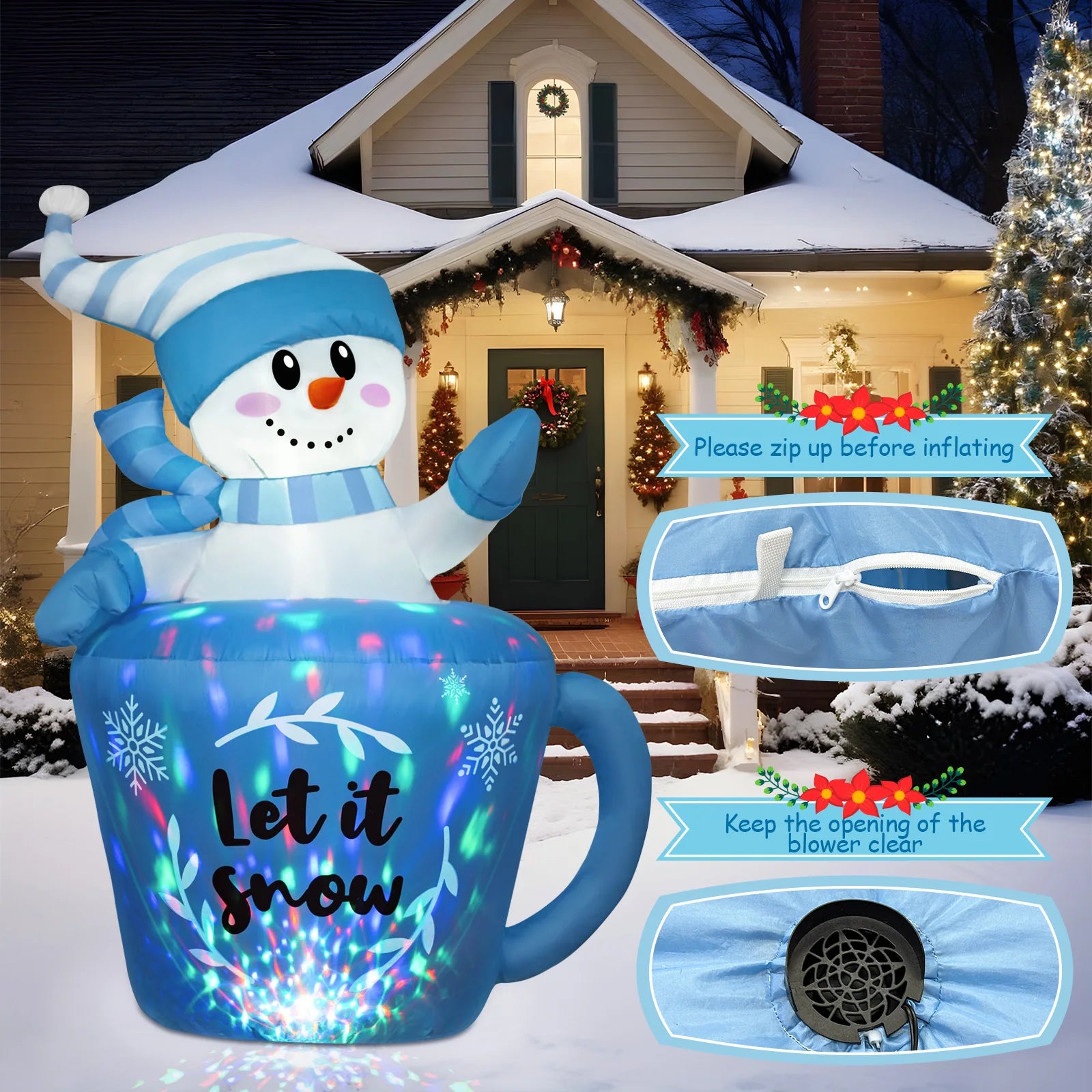 OurWarm 5FT Christmas Inflatable Snowman in Mug,Adorable Blue Snowman Blow Up Awaiting the Snow,for Yard Lawn Winter Inflatables