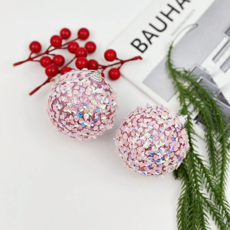 8CM Pink Christmas Balls Glitter Xmas Decorative Hanging Ornaments New Year Party Christmas Spheres Pendant Set