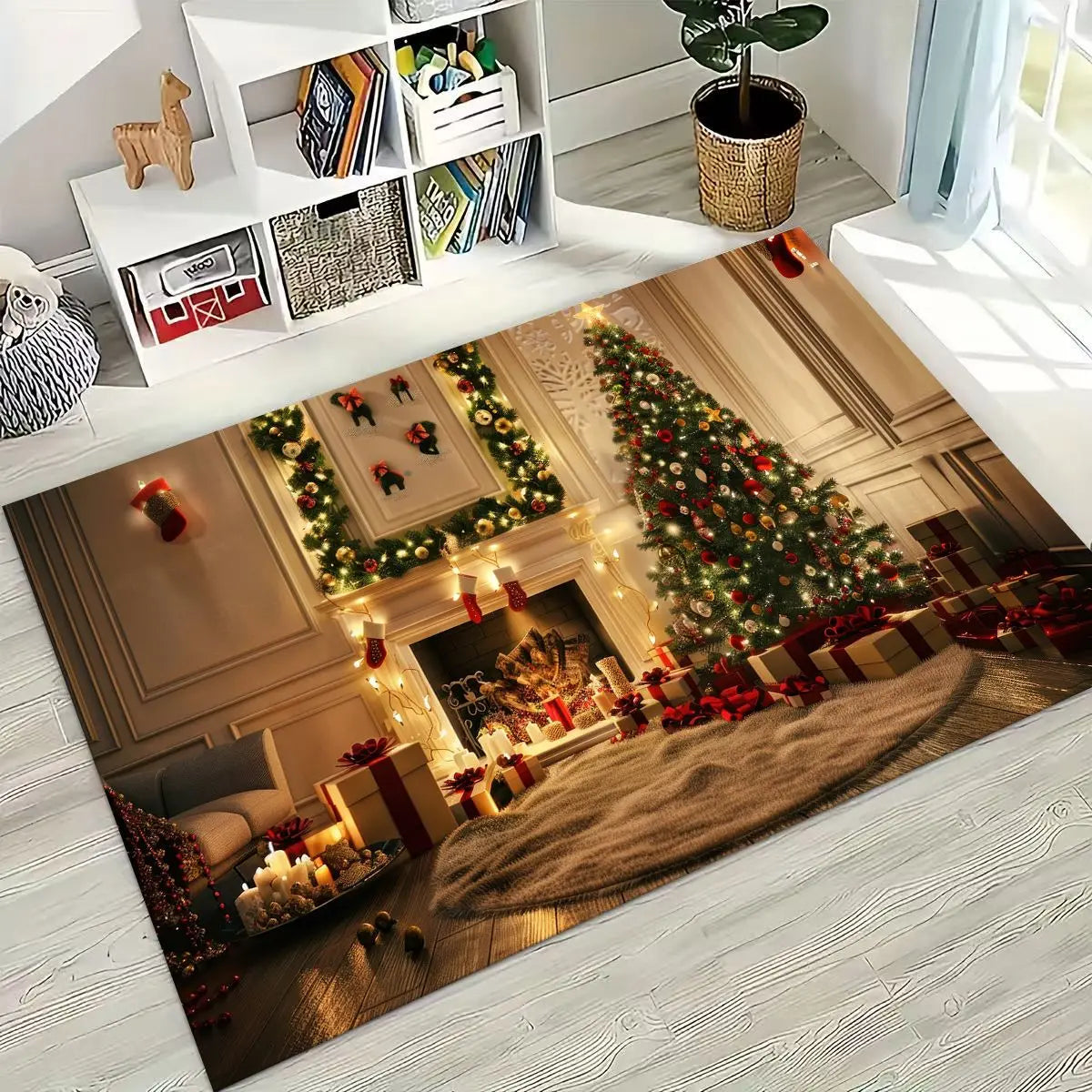 Merry Christmas Tree Santa Claus Cartoon Happy New Year Gift Carpet Rug for Bedroom Living Room Sofa Home Doormat Decor,Non-slip