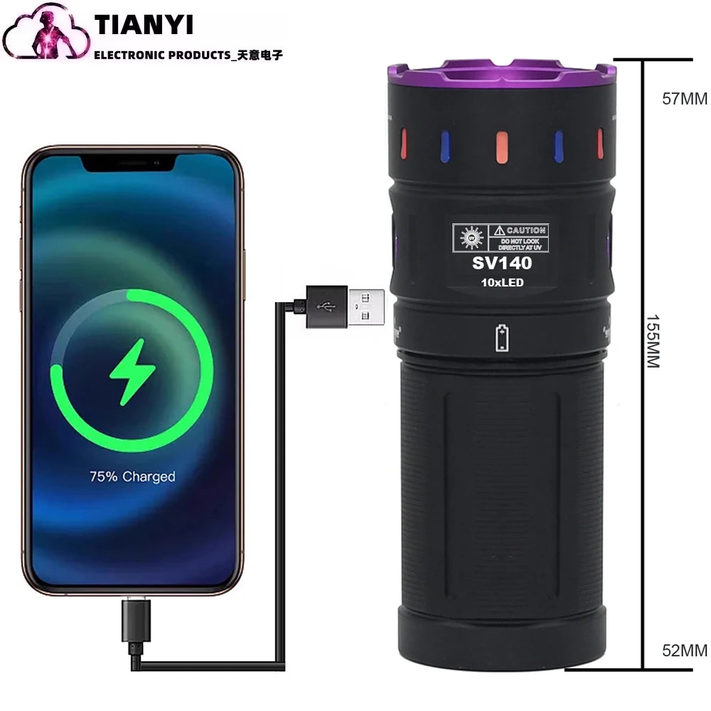 200W high-power 365nm ultraviolet flashlight, high-power black light LED aluminum alloy USB charging ultraviolet lamp