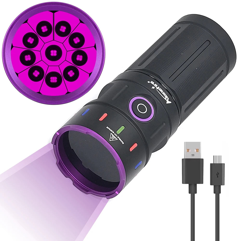200W high-power 365nm ultraviolet flashlight, high-power black light LED aluminum alloy USB charging ultraviolet lamp