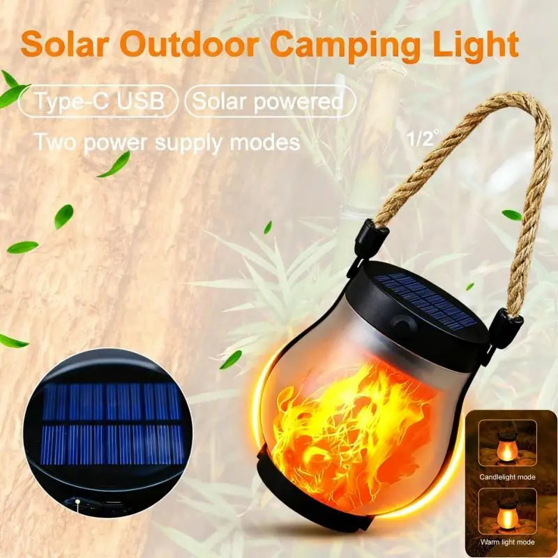 Solar Flame Lantern Outdoor Hanging Lamp 800 Lumens With Rope Handle IPX4 Waterproof Decorative Light For Garden Patio Camping
