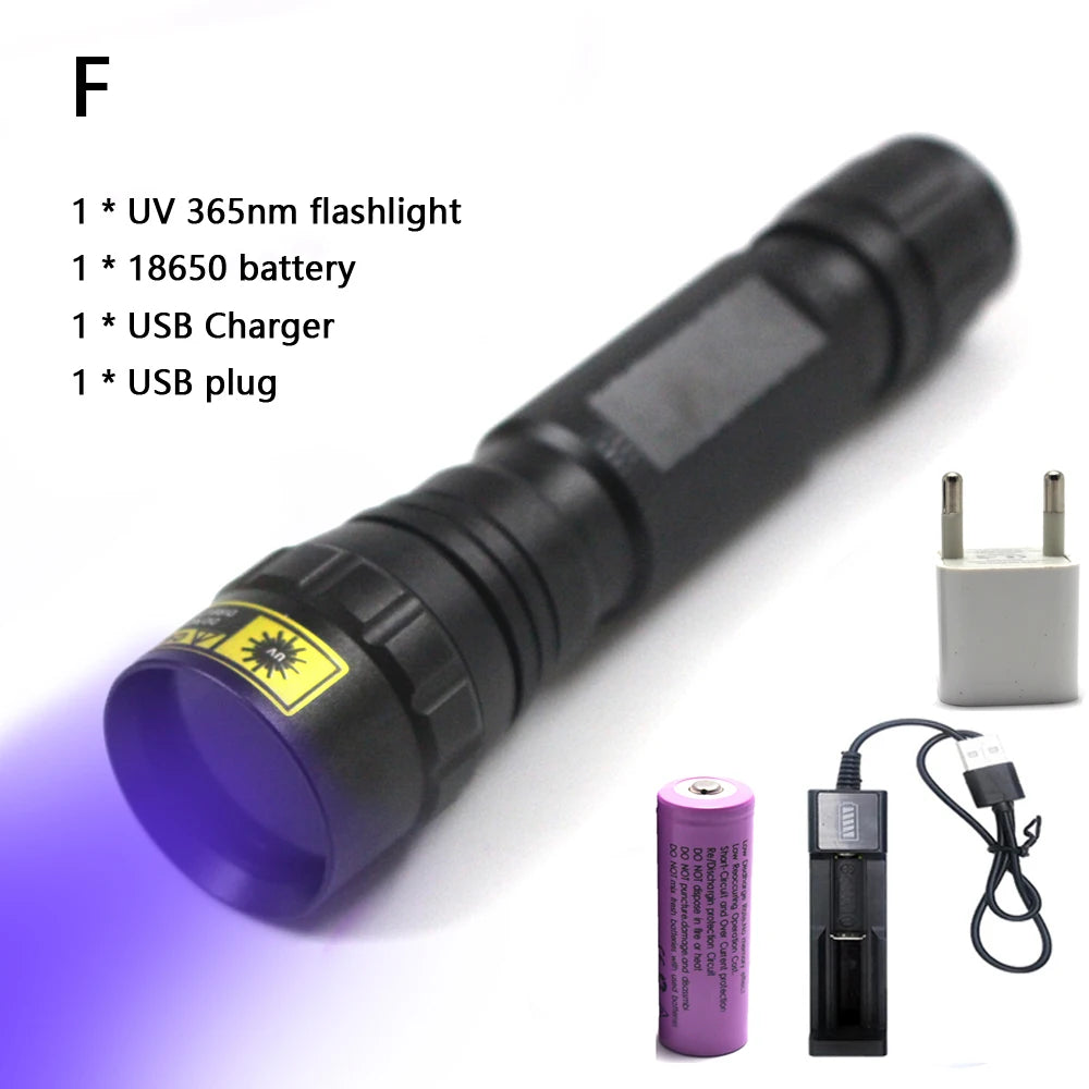 10W 365nm UV Flashlight Portable 18650 Rechargeable Blacklight for Pet Urine Detector, Resin Curing, Scorpion, Fishing
