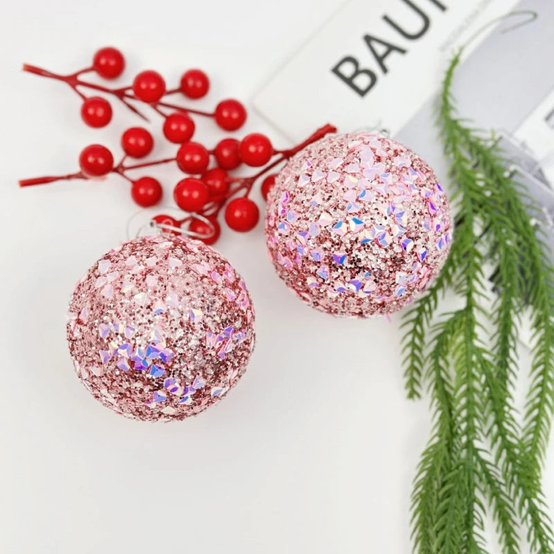 8CM Pink Christmas Balls Glitter Xmas Decorative Hanging Ornaments New Year Party Christmas Spheres Pendant Set