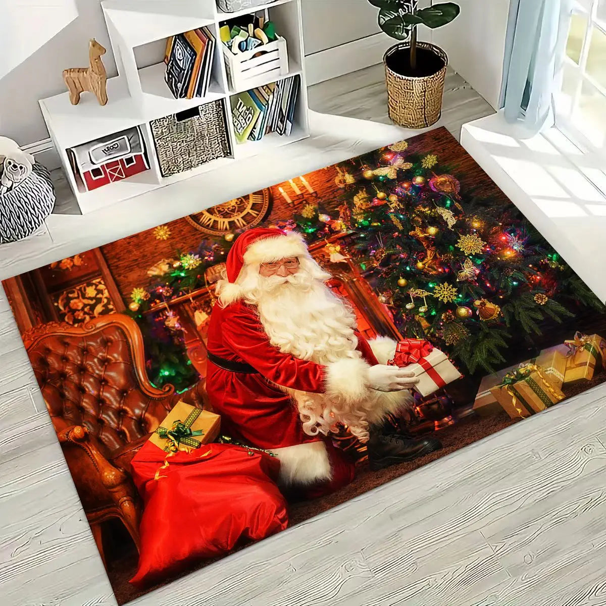 Merry Christmas Tree Santa Claus Cartoon Happy New Year Gift Carpet Rug for Bedroom Living Room Sofa Home Doormat Decor,Non-slip