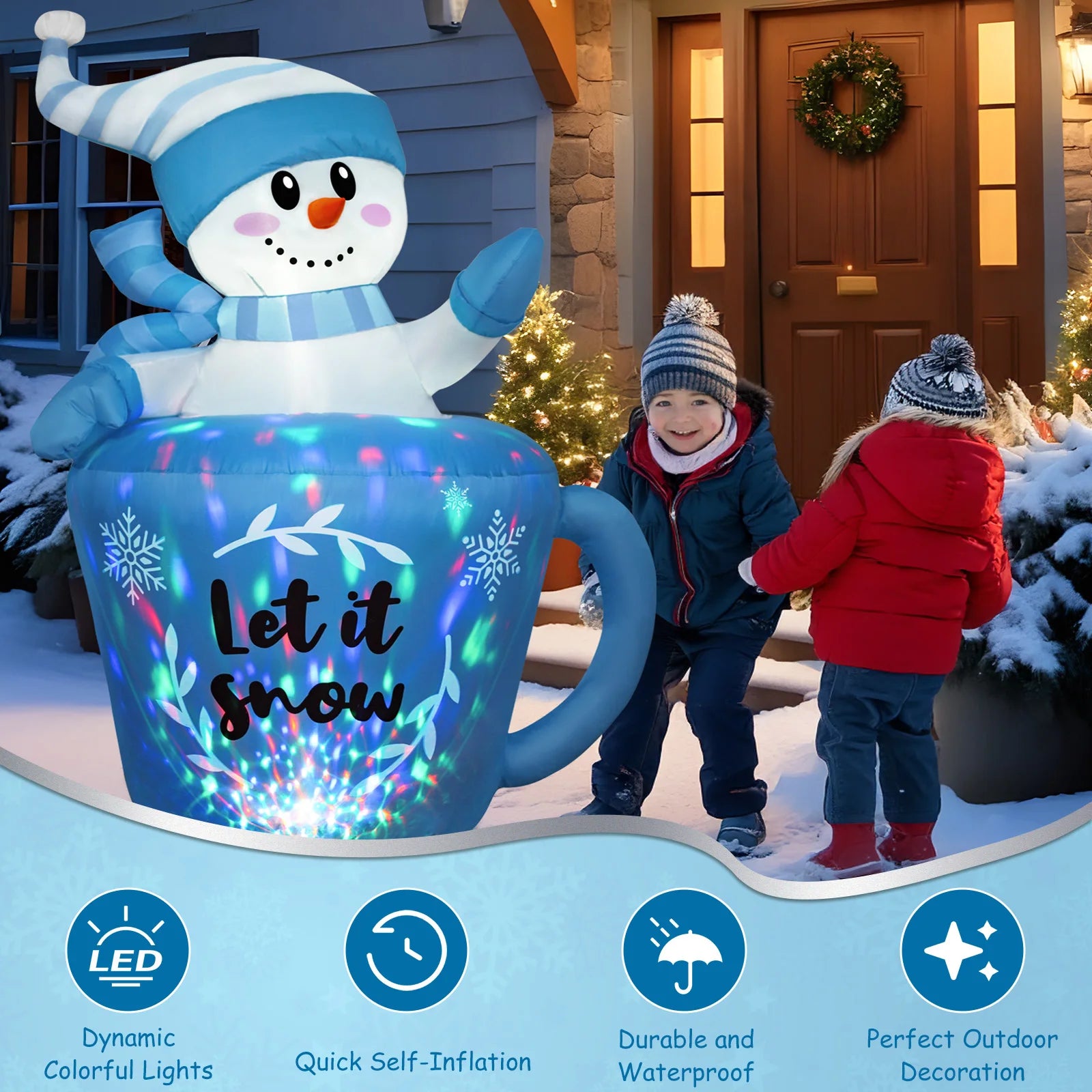 OurWarm 5FT Christmas Inflatable Snowman in Mug,Adorable Blue Snowman Blow Up Awaiting the Snow,for Yard Lawn Winter Inflatables