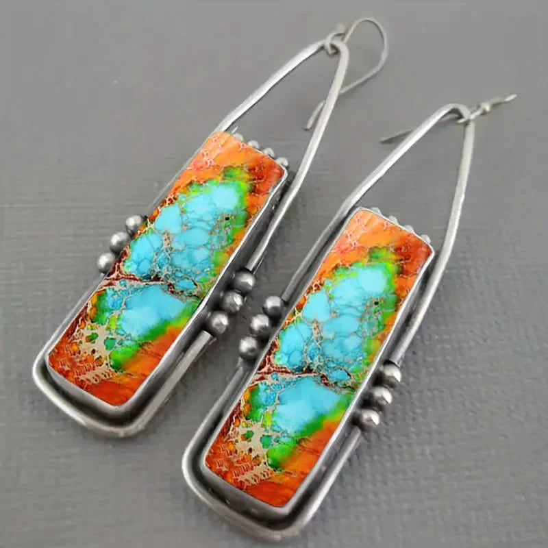2PCS Retro Bohemian Earrings Imitation Turquoise Men's and Women's Vintage Jewelry Birthday Party Anniversary Gift Christmas