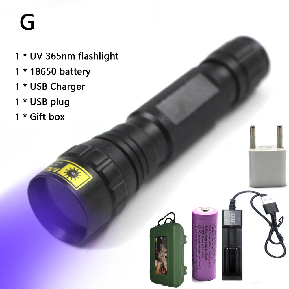 10W 365nm UV Flashlight Portable 18650 Rechargeable Blacklight for Pet Urine Detector, Resin Curing, Scorpion, Fishing