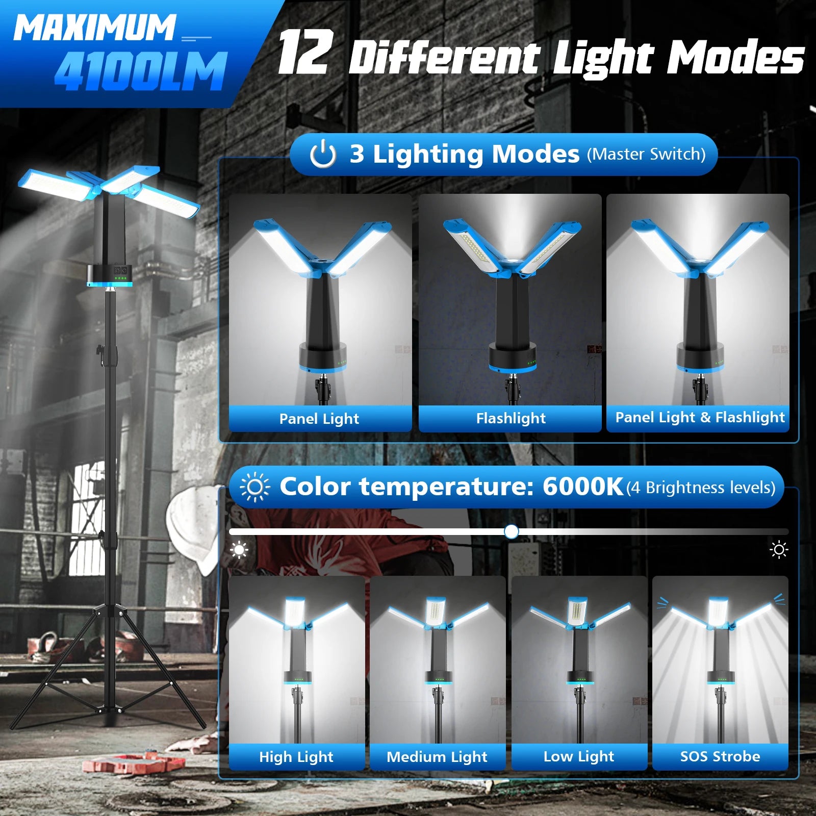 4100LM 3 Modes Foldable Work Light With Bracket 10400Mah Camping LED Telescopic Flashlight Rechargeable Emergency Lamp Outdoor