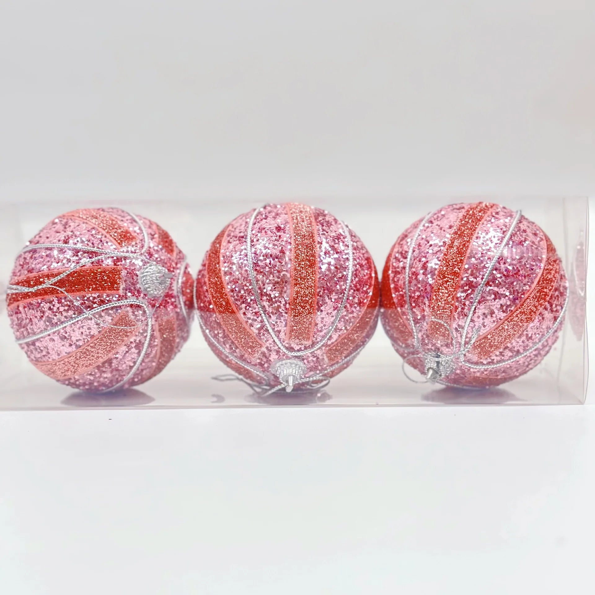 8CM Pink Christmas Balls Glitter Xmas Decorative Hanging Ornaments New Year Party Christmas Spheres Pendant Set