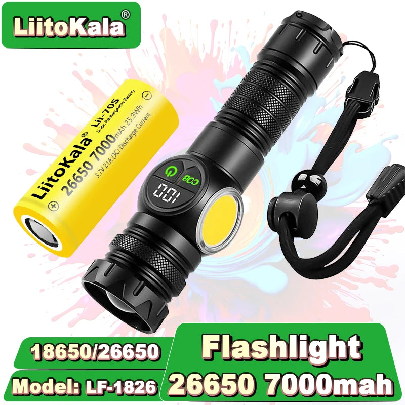LiitoKala Digital Display Flashlight with COB Side Light Compatible with 18650/26650 Batteries Handheld Tactical LED Lamp