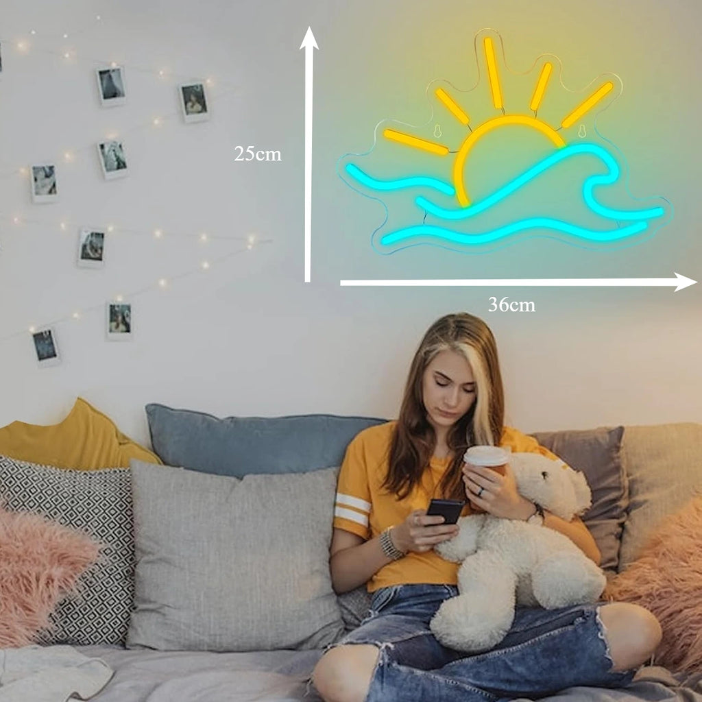 Wave Neon Sign Dimmable Sun Sea Wave LED Neon Light for Wall Decor USB Ocean Surf for Bedroom Bar Cafe Birthday Party Christmas