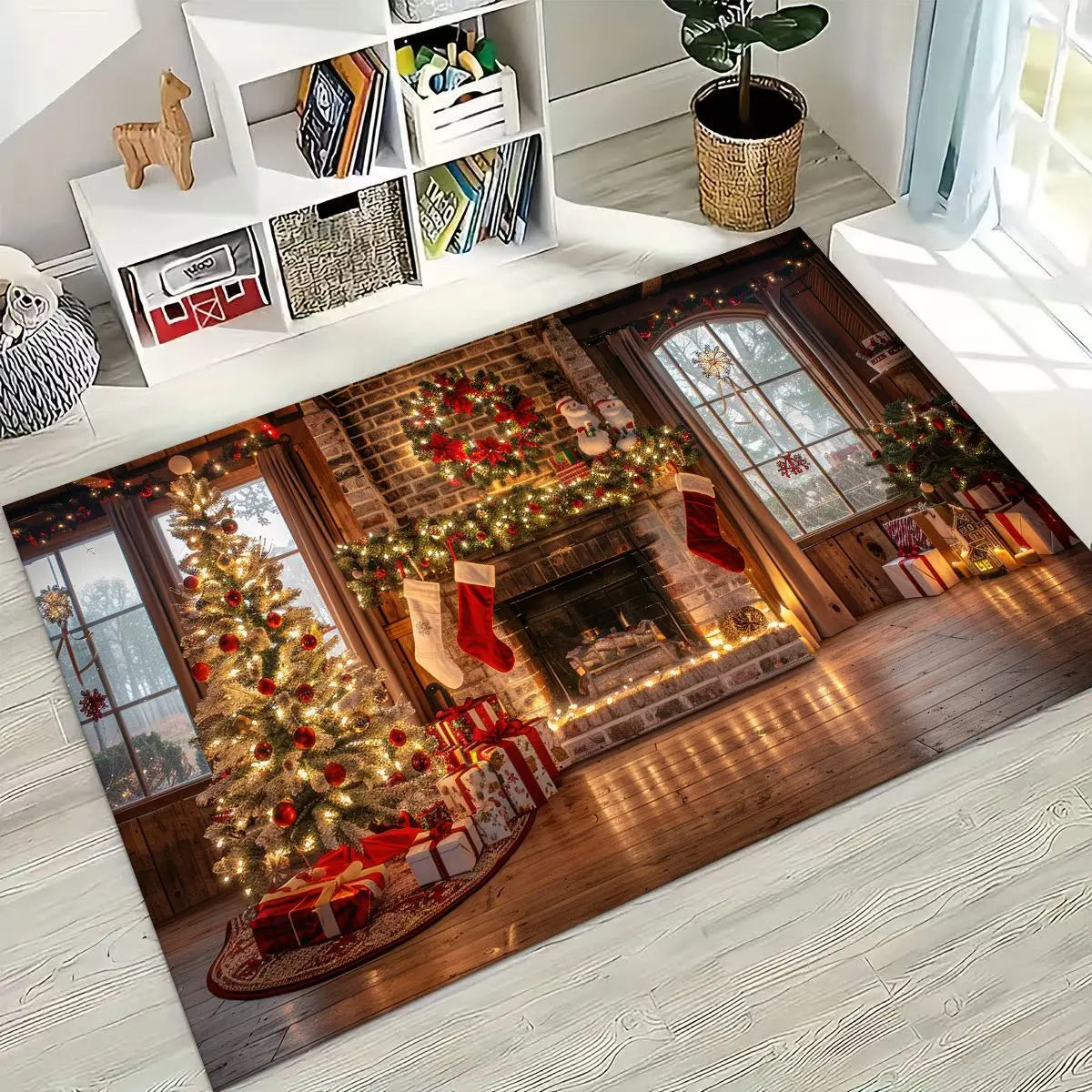 Merry Christmas Tree Santa Claus Cartoon Happy New Year Gift Carpet Rug for Bedroom Living Room Sofa Home Doormat Decor,Non-slip