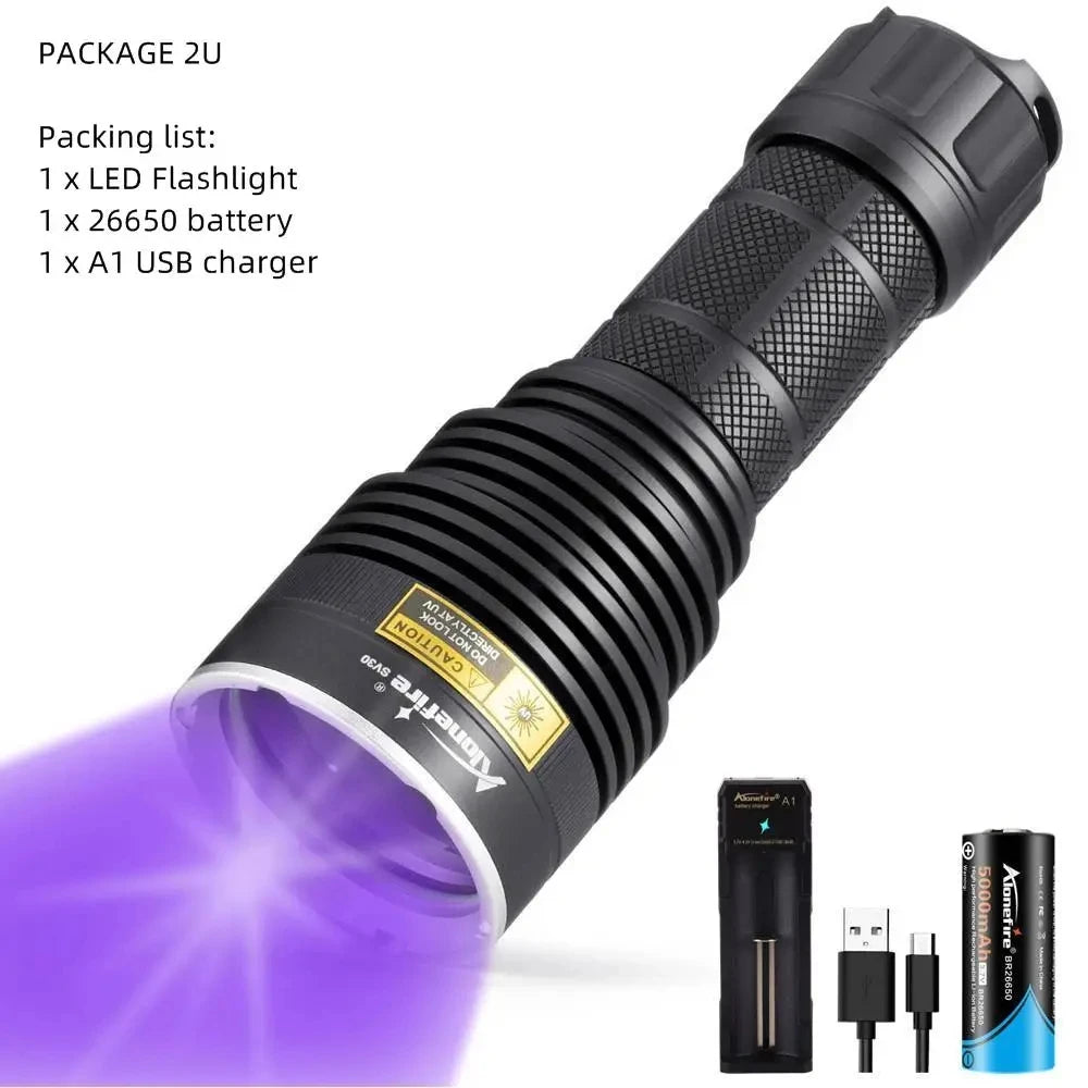 30W 365nm High Power UV Flashlight Black light Cat Dog Urine Stain Tinea Ore Money Scorpion Marker Fluorescent Detection Torch