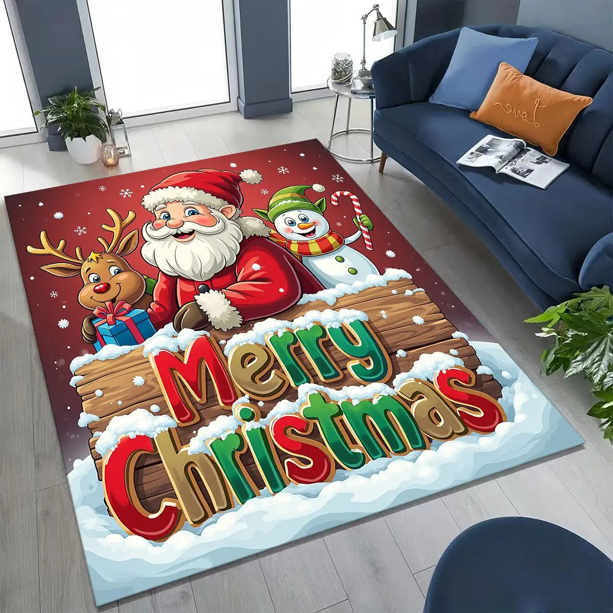 Merry Christmas Tree Santa Claus Cartoon Happy New Year Gift Carpet Rug for Bedroom Living Room Sofa Home Doormat Decor,Non-slip