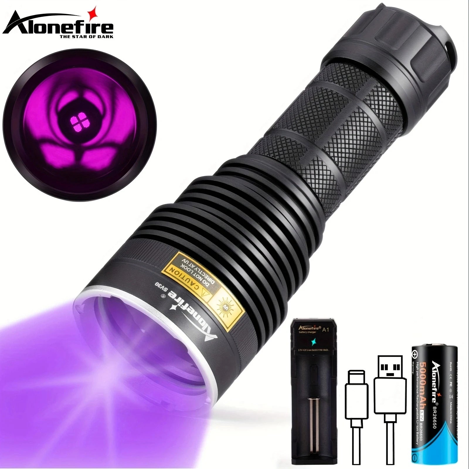 30W 365nm High Power UV Flashlight Black light Cat Dog Urine Stain Tinea Ore Money Scorpion Marker Fluorescent Detection Torch